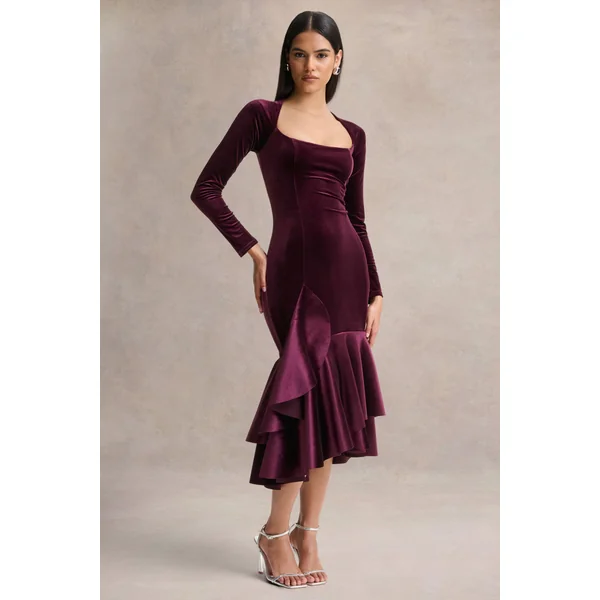 Emberlyn | Robe mi-longue sirène en velours bordeaux à encolure dégagée