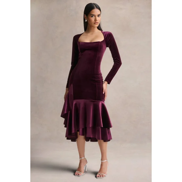 Emberlyn | Robe mi-longue sirène en velours bordeaux à encolure dégagée
