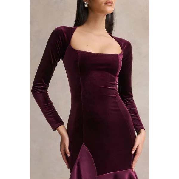 Emberlyn | Robe mi-longue sirène en velours bordeaux à encolure dégagée
