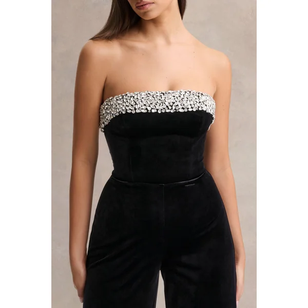 Emelie | Combinaison noire en velours à encolure bandeau ornée à la main