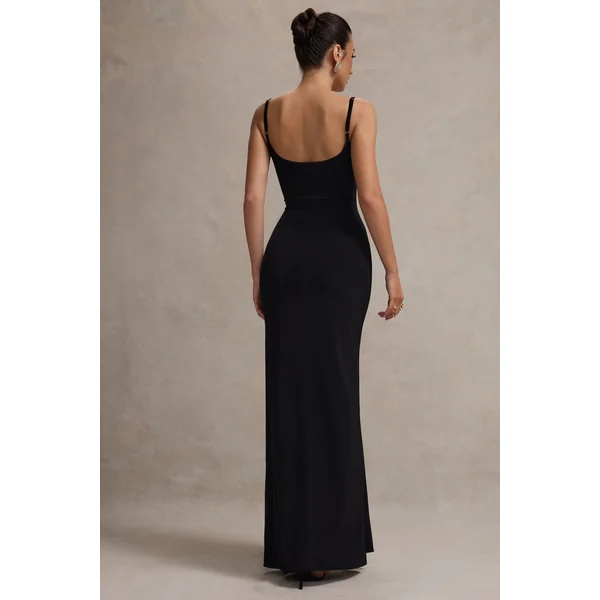 Emmalou | Robe longue fendue noir et blanc à fines bretelles et nœud