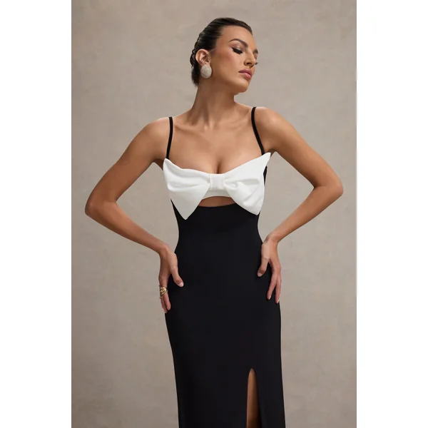 Emmalou | Robe longue fendue noir et blanc à fines bretelles et nœud