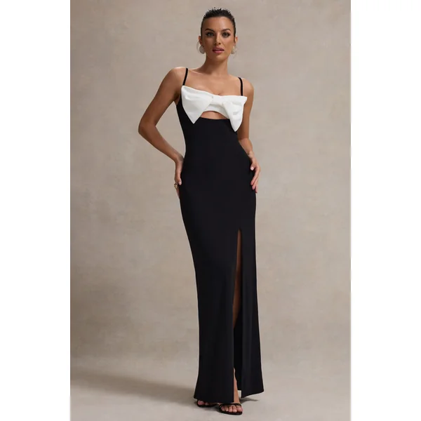 Emmalou | Robe longue fendue noir et blanc à fines bretelles et nœud