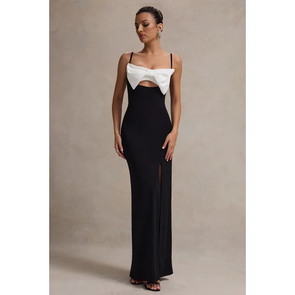 Emmalou | Robe longue fendue noir et blanc à fines bretelles et nœud
