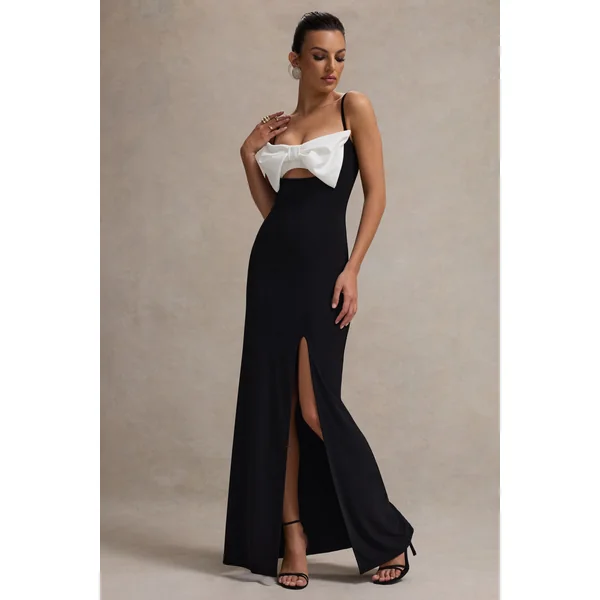 Emmalou | Robe longue fendue noir et blanc à fines bretelles et nœud
