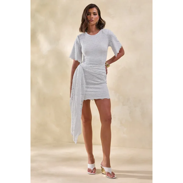 Empressa | Mini-robe blanche en dentelle à encolure ronde avec détail portefeuille
