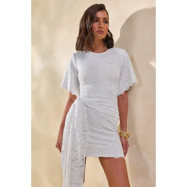 Empressa | Mini-robe blanche en dentelle à encolure ronde avec détail portefeuille