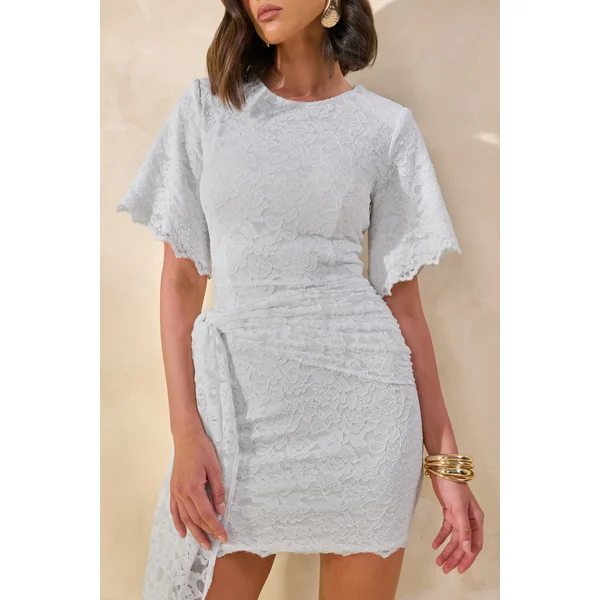 Empressa | Mini-robe blanche en dentelle à encolure ronde avec détail portefeuille