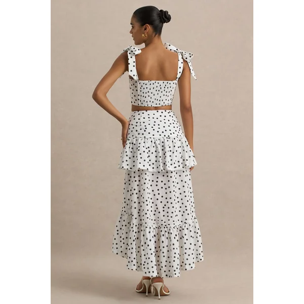 Emry | Jupe longue taille haute à imprimé pois blancs ornée de volants