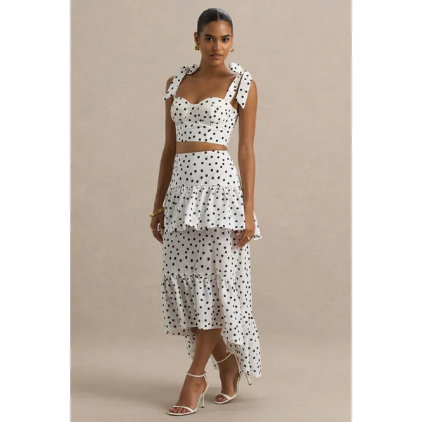 Emry | Jupe longue taille haute à imprimé pois blancs ornée de volants