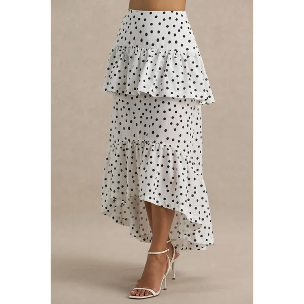 Emry | Jupe longue taille haute à imprimé pois blancs ornée de volants