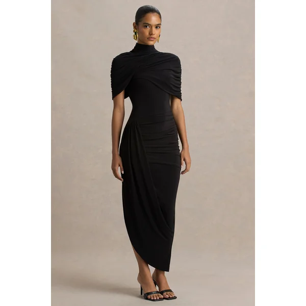 Enchant | Robe mi-longue noire asymétrique avec cape torsadée