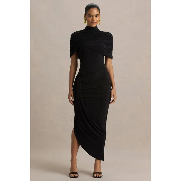 Enchant | Robe mi-longue noire asymétrique avec cape torsadée
