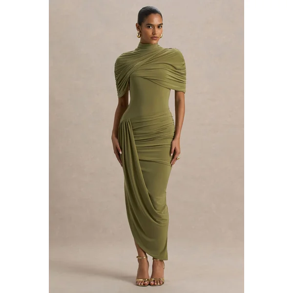 Enchant | Robe mi-longue olive à cape asymétrique torsadée