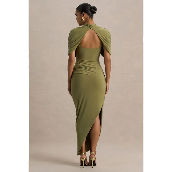 Enchant | Robe mi-longue olive à cape asymétrique torsadée