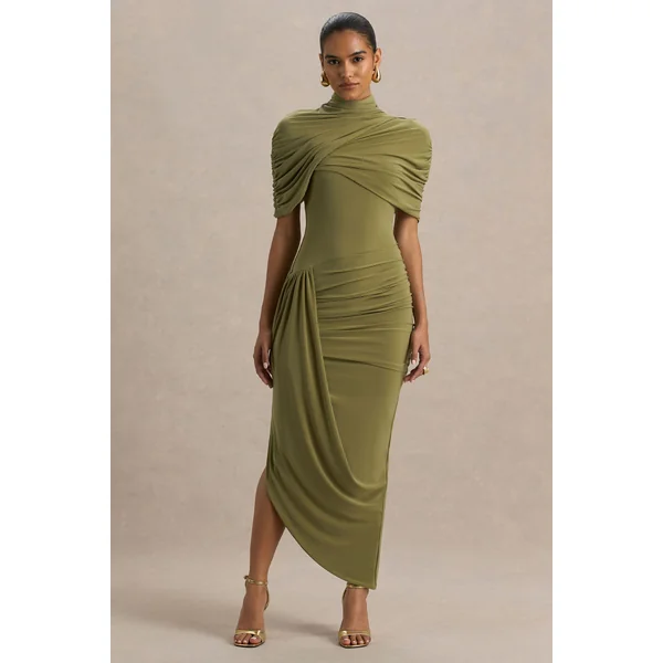 Enchant | Robe mi-longue olive à cape asymétrique torsadée
