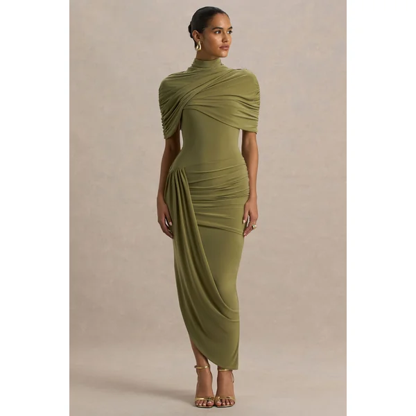 Enchant | Robe mi-longue olive à cape asymétrique torsadée