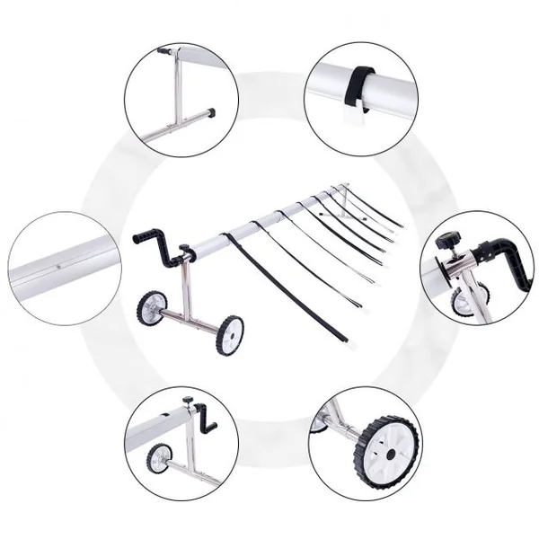 Enrouleur de Bâche de Piscine Léger Amovible Acier Inoxydable et Aluminium Moulinet 5 Tubes Télescopique avec Roues