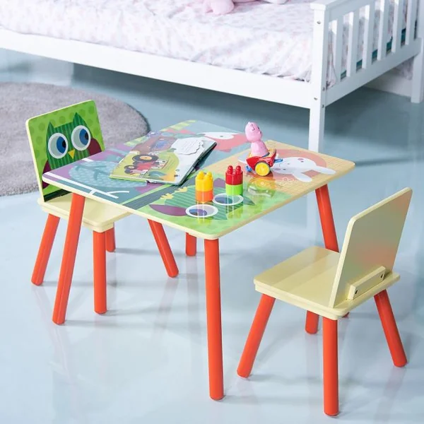 Ensemble 1 Table et 2 Chaises pour Enfants pour Dessiner en MDF Table 60x60x44cm, Chaise 26,8x26,8x50cm, Multicolore