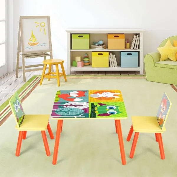 Ensemble 1 Table et 2 Chaises pour Enfants pour Dessiner en MDF Table 60x60x44cm, Chaise 26,8x26,8x50cm, Multicolore