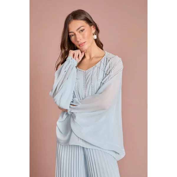 Ensemble Coordonné Blouse En Mousseline À Manches Cape Avec Détails De Perles