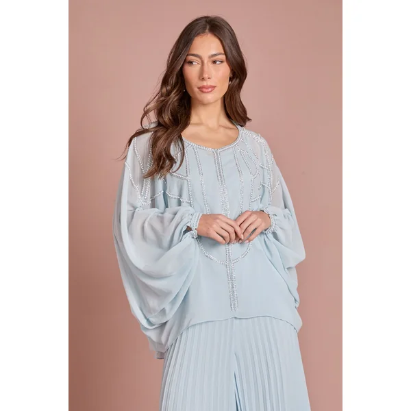 Ensemble Coordonné Blouse En Mousseline À Manches Cape Avec Détails De Perles