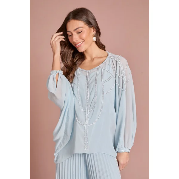 Ensemble Coordonné Blouse En Mousseline À Manches Cape Avec Détails De Perles