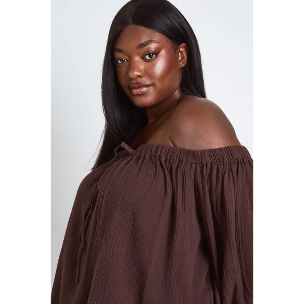 Ensemble Coordonné Grande Taille Top Épaules Dénudées Et Short En Gaze De Coton
