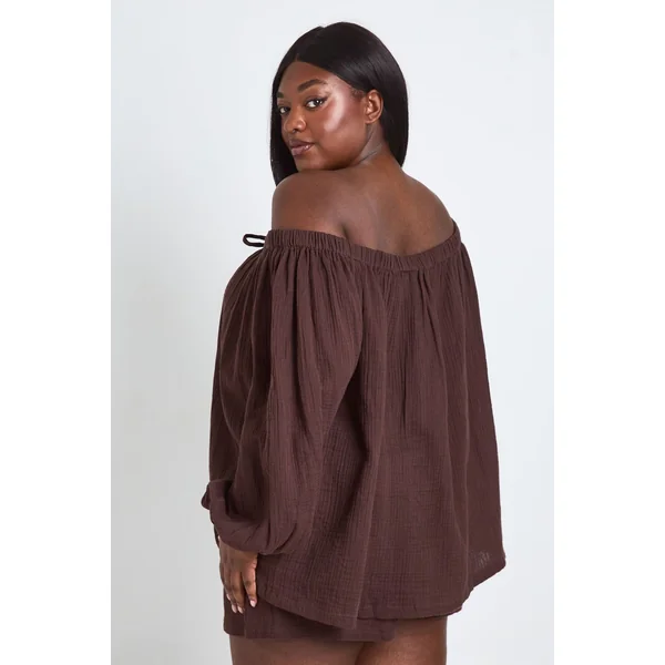 Ensemble Coordonné Grande Taille Top Épaules Dénudées Et Short En Gaze De Coton