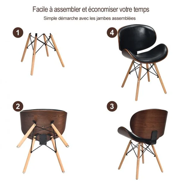 Ensemble de 2 Chaises de Salle à Manger Incurvées en Bois Cuir Pu Éponge Plastique 515x41x77cm Noir et Noyer