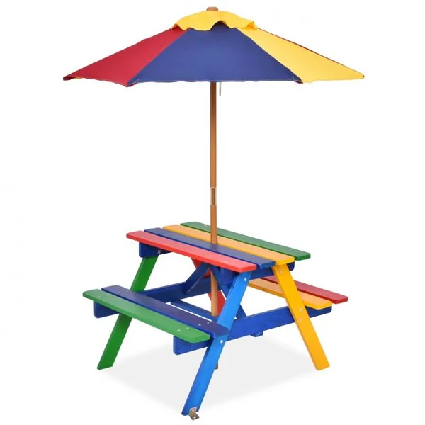 Ensemble de Jardin 1 Table eu 2 Bancs avec Parasol pour Enfants Table à Pique-Nique en Bois