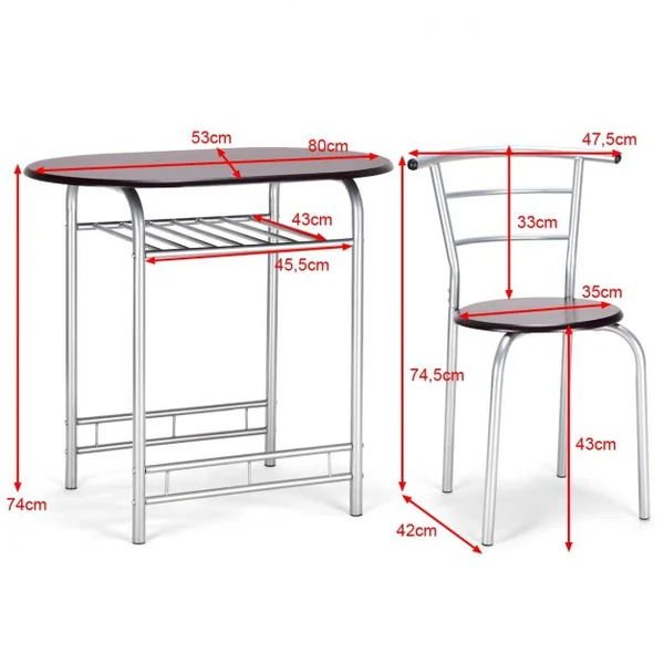 Ensemble de Salle à Manger 3 Pièces avec Table et 2 Chaises en Mdf et Fer Table 80x53x74cm Chaise 35x35x74cm Café