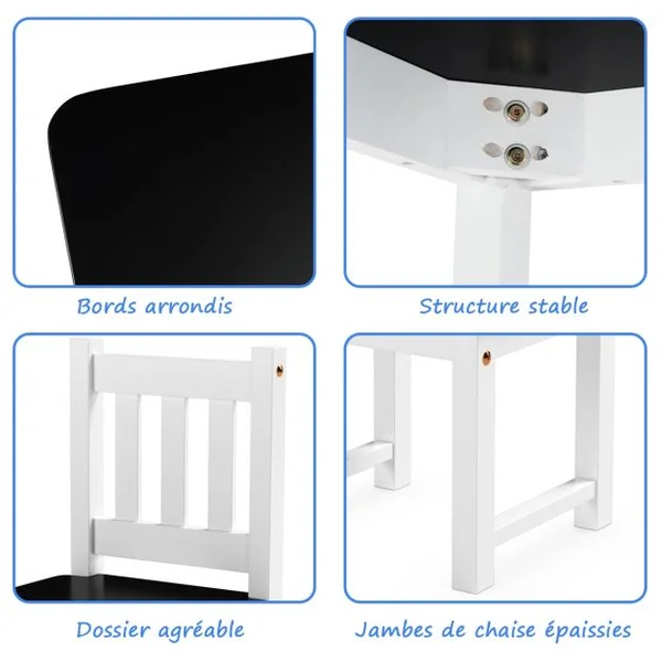 Ensemble de Table Carrée et 4 Chaises pour Enfants en Bois de Pin Capacité 100 kg, 63 x 63 x 56cm, Blanc et Noir