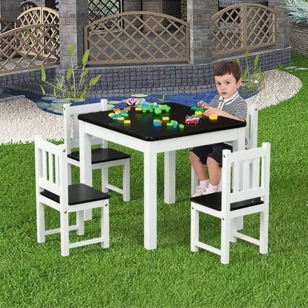Ensemble de Table Carrée et 4 Chaises pour Enfants en Bois de Pin Capacité 100 kg, 63 x 63 x 56cm, Blanc et Noir