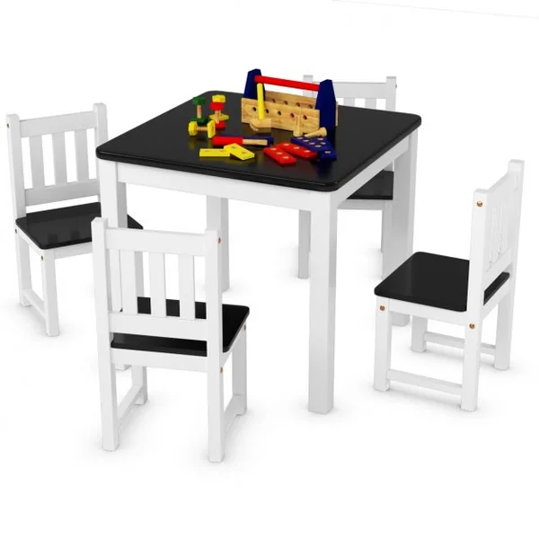 Ensemble de Table Carrée et 4 Chaises pour Enfants en Bois de Pin Capacité 100 kg, 63 x 63 x 56cm, Blanc et Noir
