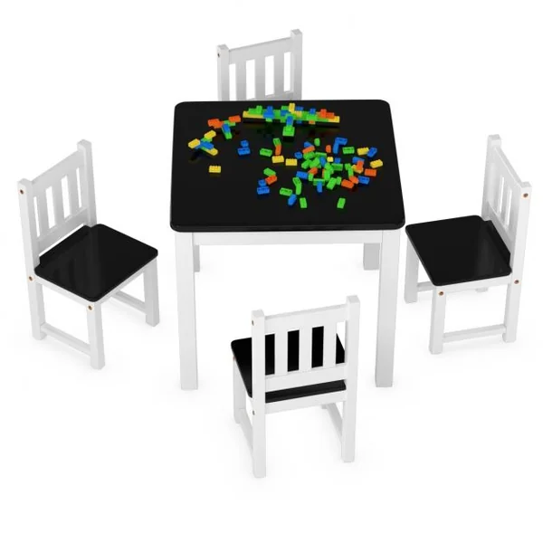 Ensemble de Table Carrée et 4 Chaises pour Enfants en Bois de Pin Capacité 100 kg, 63 x 63 x 56cm, Blanc et Noir