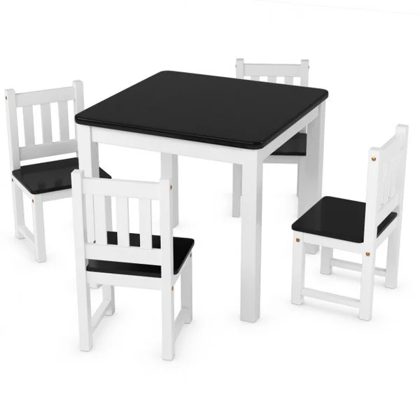 Ensemble de Table Carrée et 4 Chaises pour Enfants en Bois de Pin Capacité 100 kg, 63 x 63 x 56cm, Blanc et Noir