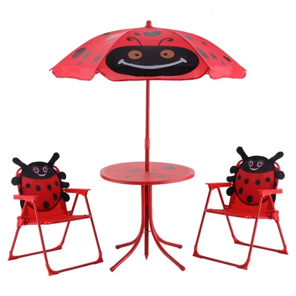 Ensemble de table et 2 chaises pliantes pour enfant avec parasol ajustable Pour extérieur, Motif coccinelle, Rouge