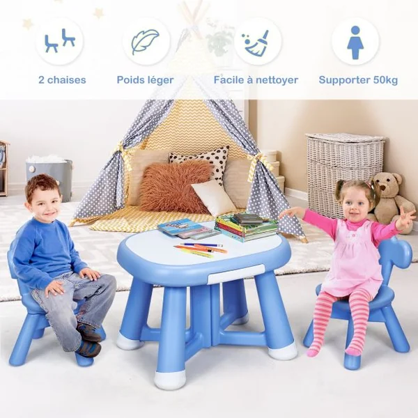 Ensemble de Table et 2 Chaises pour Enfant Capacité 50 Kg en Plastique Table 62x52x46cm Chaise 32,5x30x46cm Bleu