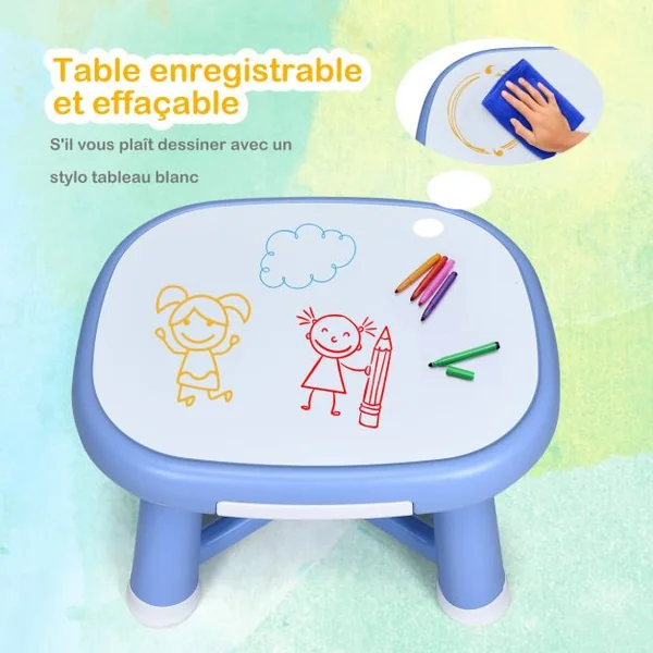 Ensemble de Table et 2 Chaises pour Enfant Capacité 50 Kg en Plastique Table 62x52x46cm Chaise 32,5x30x46cm Bleu
