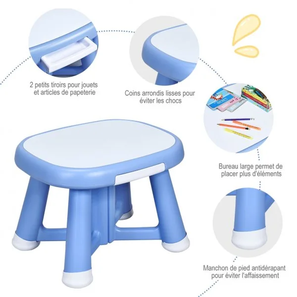Ensemble de Table et 2 Chaises pour Enfant Capacité 50 Kg en Plastique Table 62x52x46cm Chaise 32,5x30x46cm Bleu