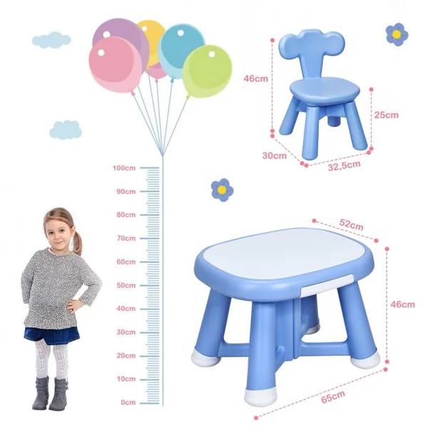 Ensemble de Table et 2 Chaises pour Enfant Capacité 50 Kg en Plastique Table 62x52x46cm Chaise 32,5x30x46cm Bleu