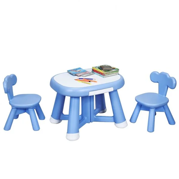 Ensemble de Table et 2 Chaises pour Enfant Capacité 50 Kg en Plastique Table 62x52x46cm Chaise 32,5x30x46cm Bleu