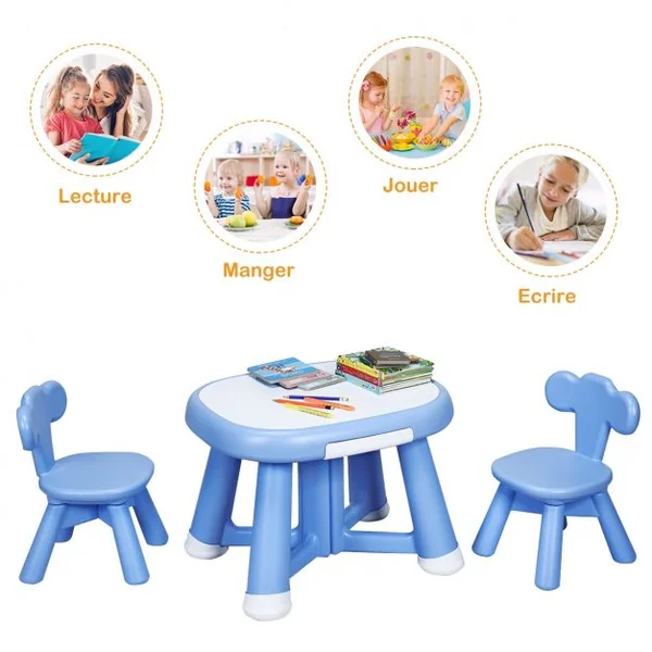 Ensemble de Table et 2 Chaises pour Enfant Capacité 50 Kg en Plastique Table 62x52x46cm Chaise 32,5x30x46cm Bleu