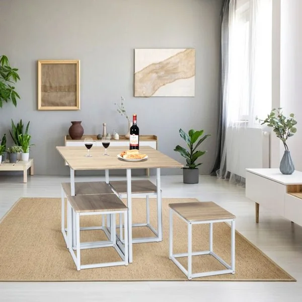 Ensemble de Table et 4 Tabourets de Cuisine ou Bar de Style Contemporain et Industriel en MDF et Fer Beige + Blanc