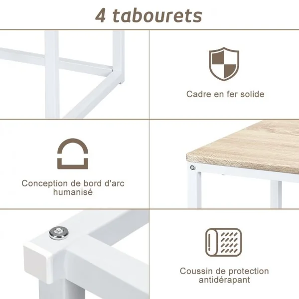 Ensemble de Table et 4 Tabourets de Cuisine ou Bar de Style Contemporain et Industriel en MDF et Fer Beige + Blanc