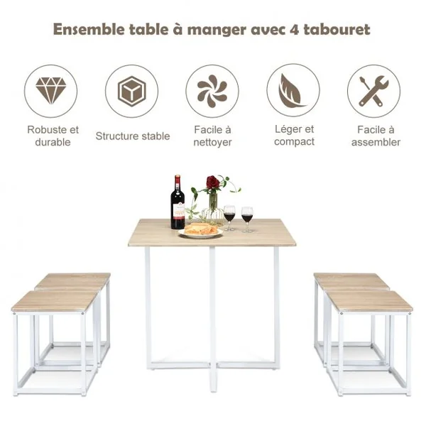 Ensemble de Table et 4 Tabourets de Cuisine ou Bar de Style Contemporain et Industriel en MDF et Fer Beige + Blanc