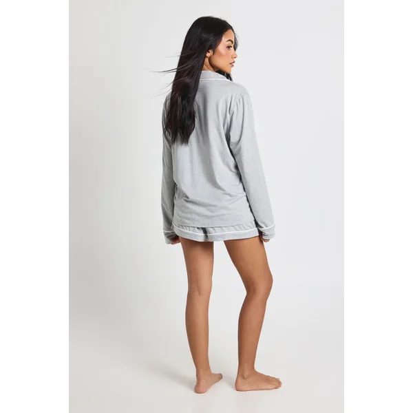 Ensemble Pyjama Chemise À Manches Longues Et Short En Jersey Avec Détails Passepoilés