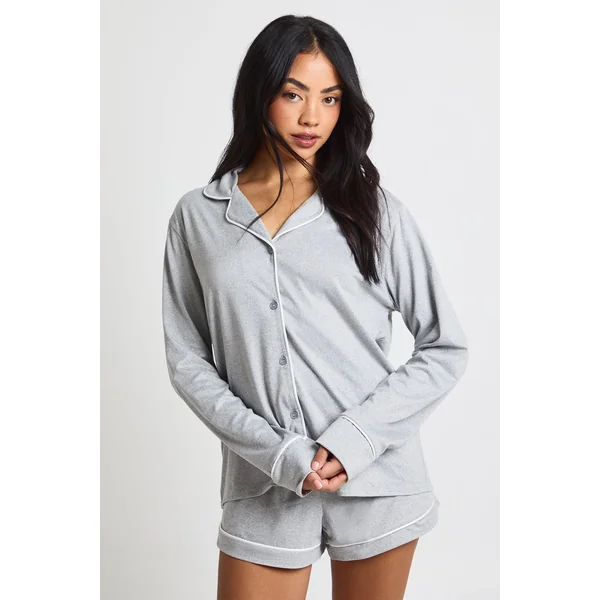 Ensemble Pyjama Chemise À Manches Longues Et Short En Jersey Avec Détails Passepoilés