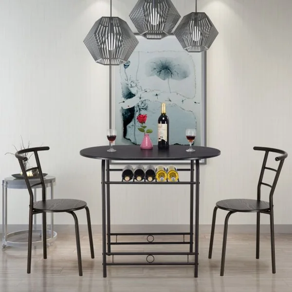 Ensemble Table de Salle à Manger Cuisine 1 Table et 2 Chaises en MDF Cadre en Tubes Acier 1 étagère porte-bouteilles Noir